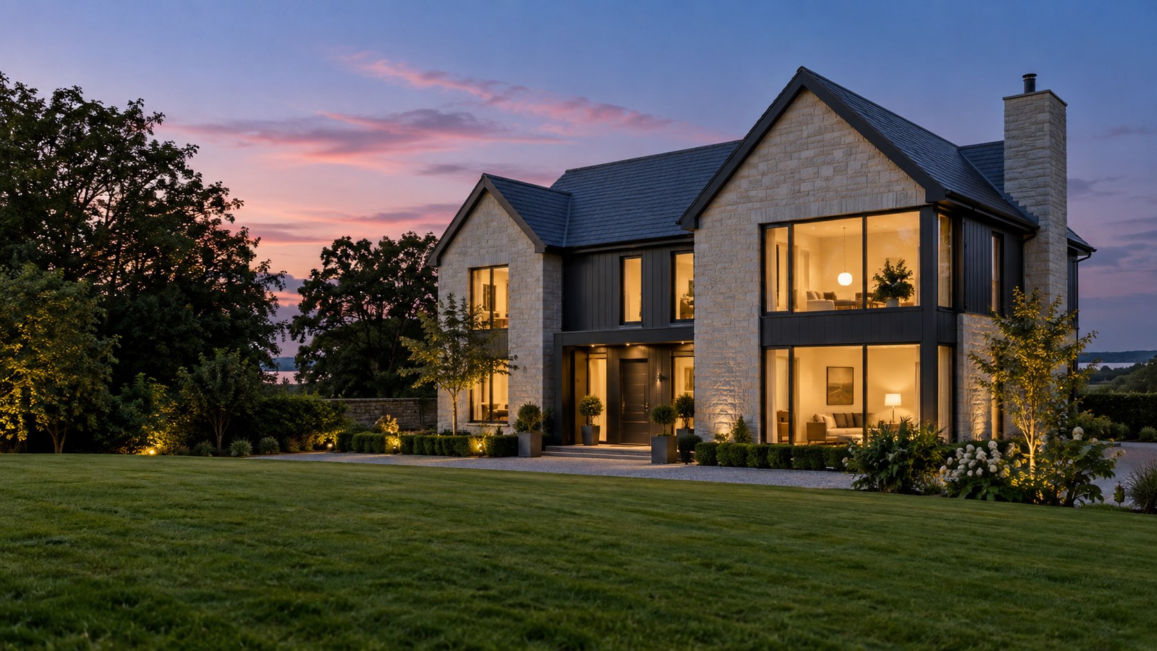 A contemporary home with warm windows at dusk