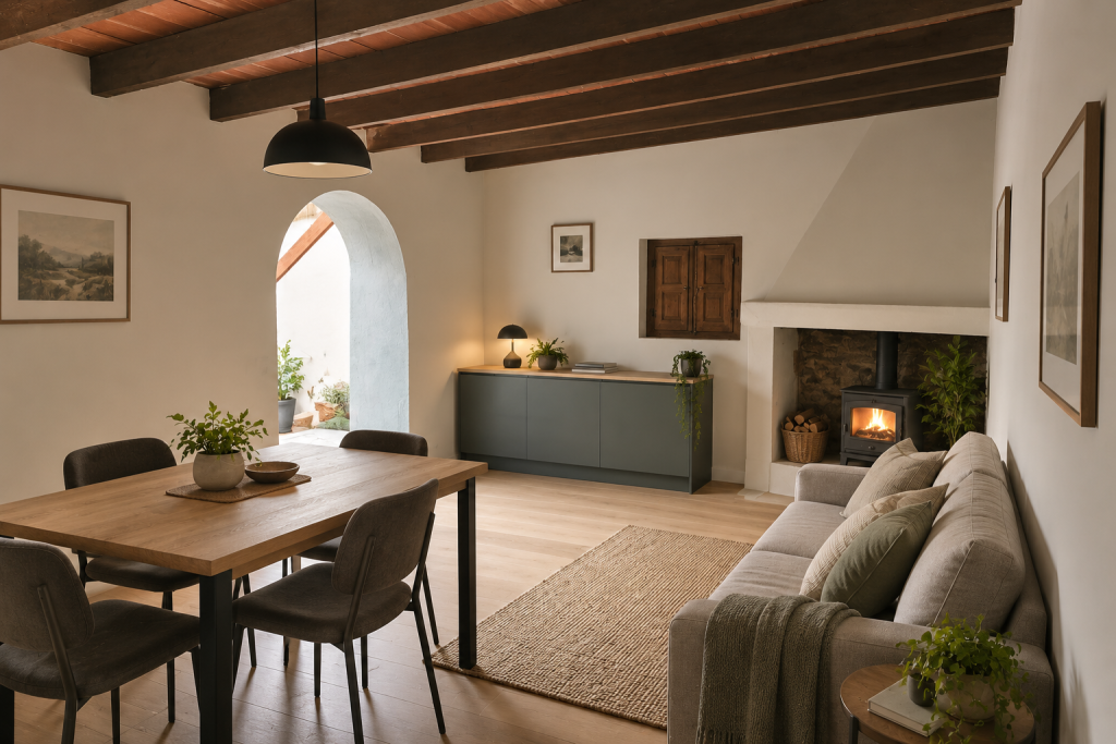 Concept: the same room with clean walls, the same beams and arch, a stove in the fireplace, a dining table and a sofa
