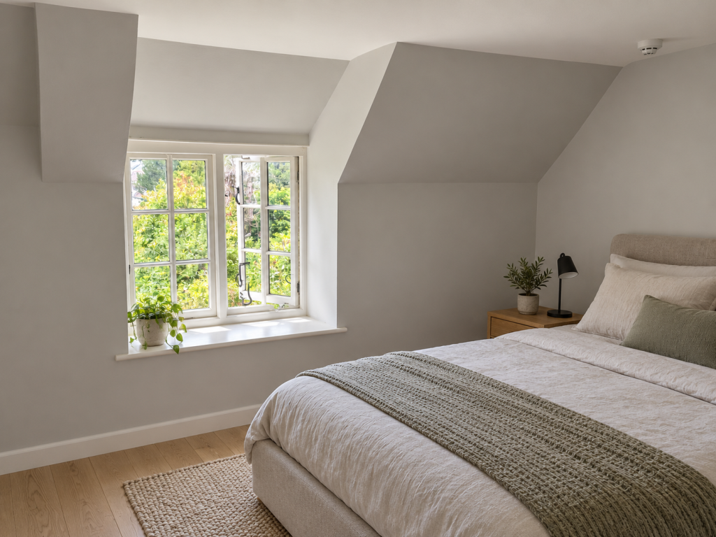 Concept: the same bedroom with the same dormer window and slopes, fresh walls, a light floor and a made-up double bed