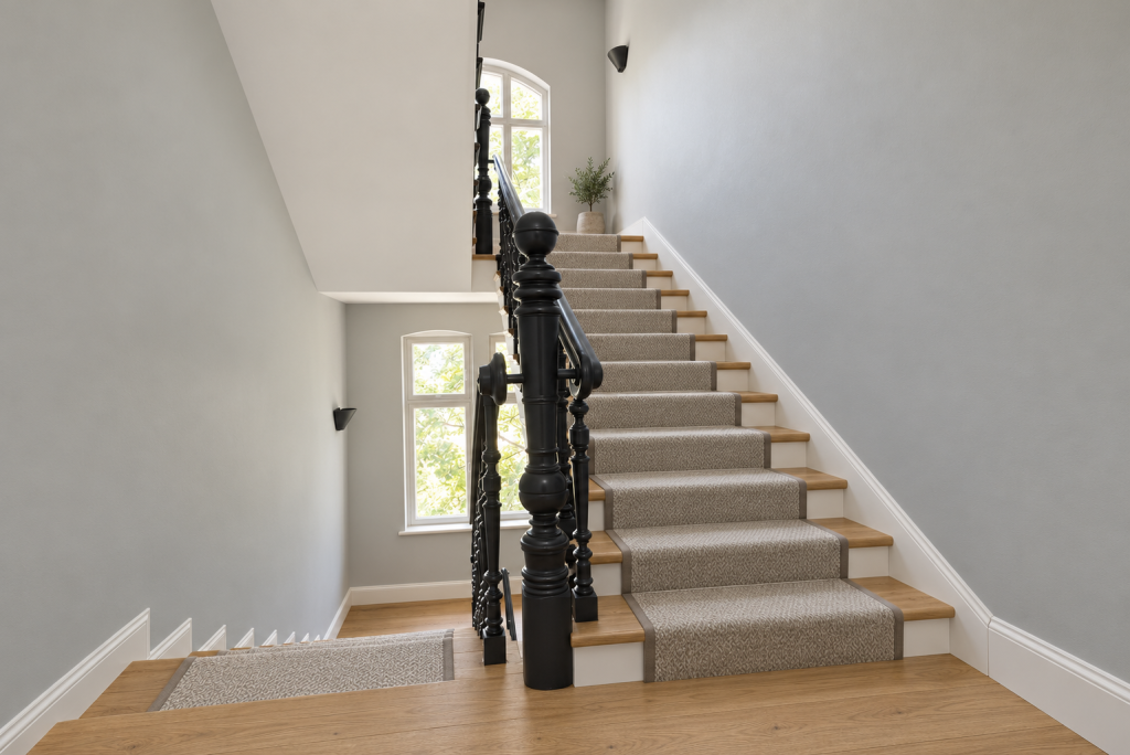 Concept: the same stairs and banister with light grey walls, a neutral stair runner and an oak floor