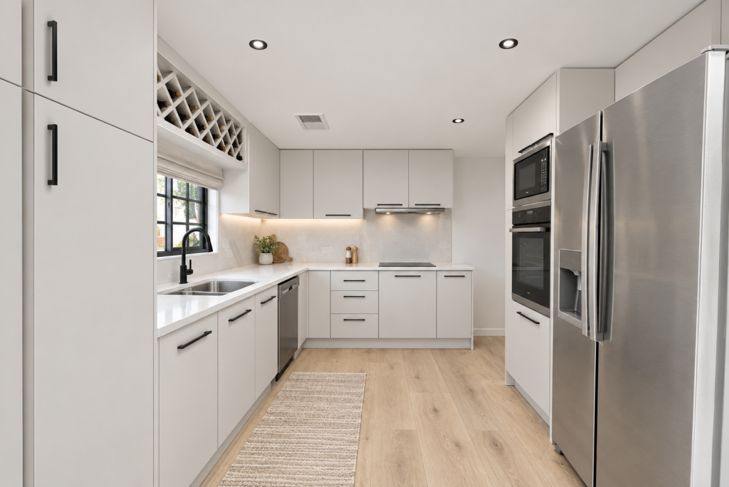 Concept: the same kitchen with light grey slab units, white worktops, a smooth ceiling with spotlights and a light oak floor
